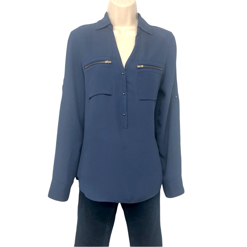 Express Blue Two Front  Zip Pockets V Neck Breezy Popover Blouse Roll Tab Sleeve